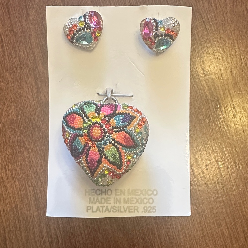 Colorful Heart Pendant and Earrings Set